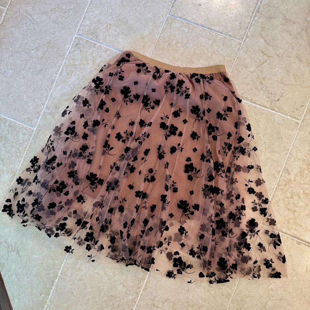 Chic Brown Embellished Midi Skirt A-line, with floral black print tulle overlay